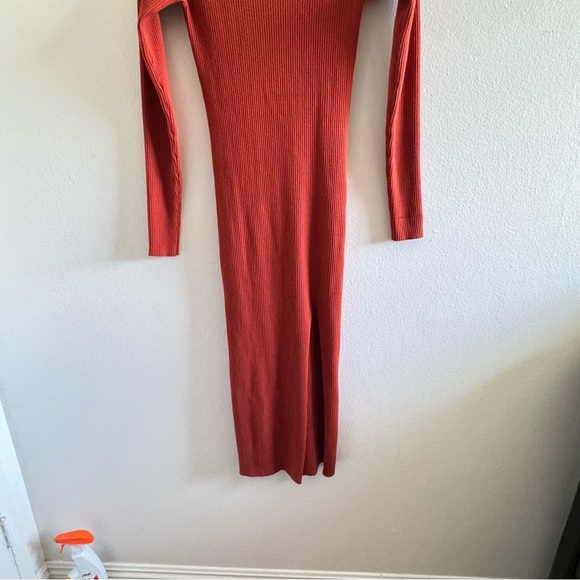 Aritzia Wilfred Alchemy Orange Ribbed Knit Bodycon Slit MIDI Dress Size Medium - Picture 5 of 9